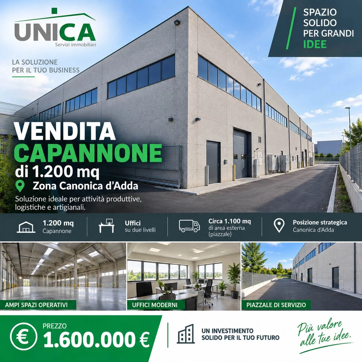 Capannone di 1200 mq oltre 1.100 mq esterni Capannone di 1200 mq oltre 1.100 mq esterni